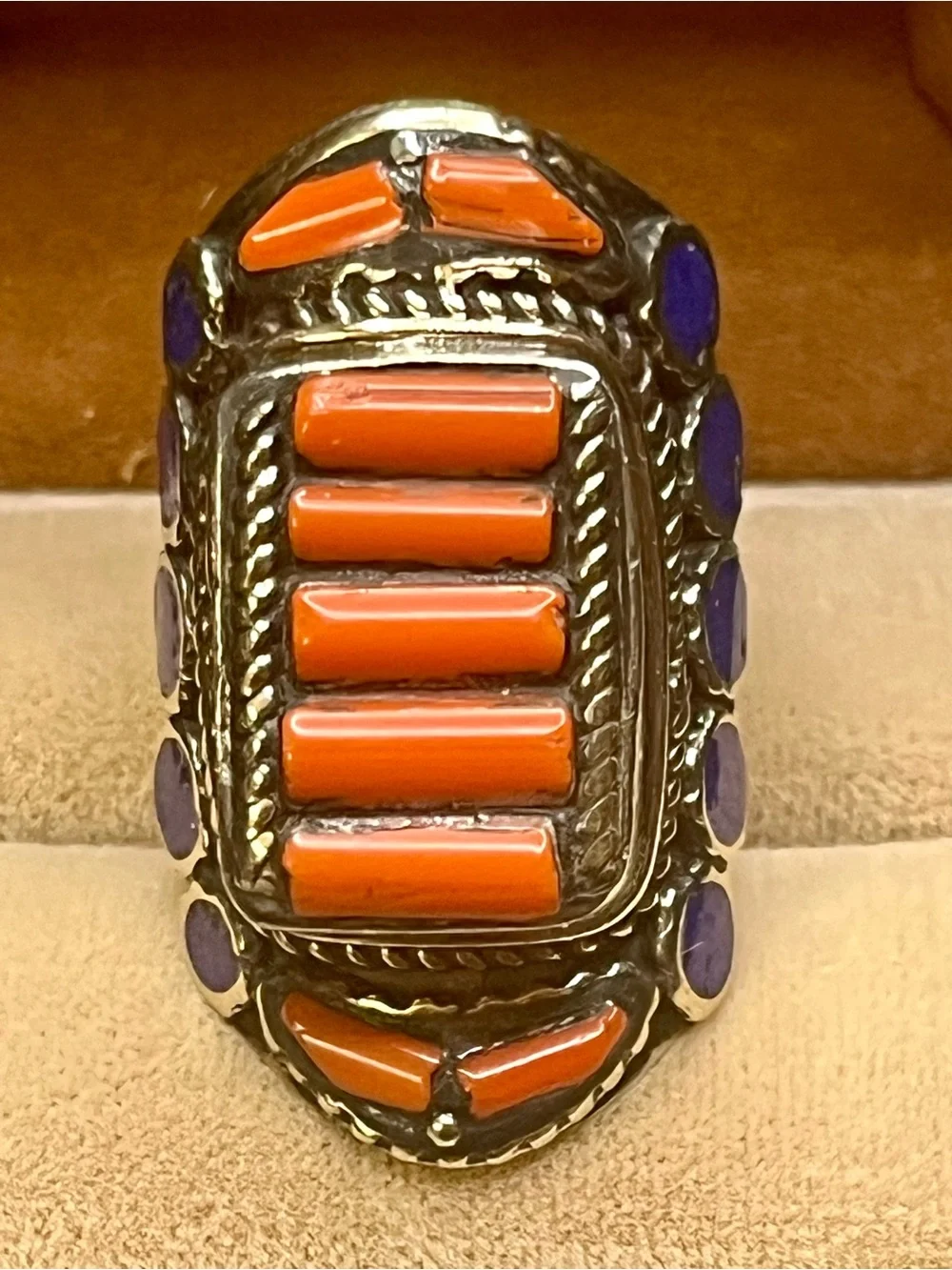 Southwestern Style Orange blue Inlay Statement Ring. Unmarked, not tested